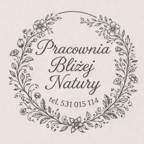 Decorative circular floral wreath with text reading Pracownia Blizej Natury and phone number 531 015 114